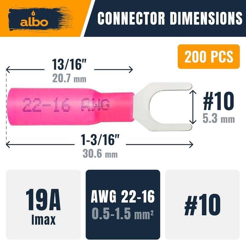 ALBO 200PCS Red Heat Shrink Fork Spade Connectors #10 – 22-16 AWG Tinned Copper Terminals, Waterproof Wire Crimp Kit for Automotive, Marine, Speaker & Electrical Wiring - Image 2